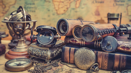 Fototapeta na wymiar Vintage Marine Binoculars On Map