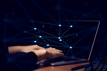 businessman typing for communication connecting to data ai internet social network online by using...