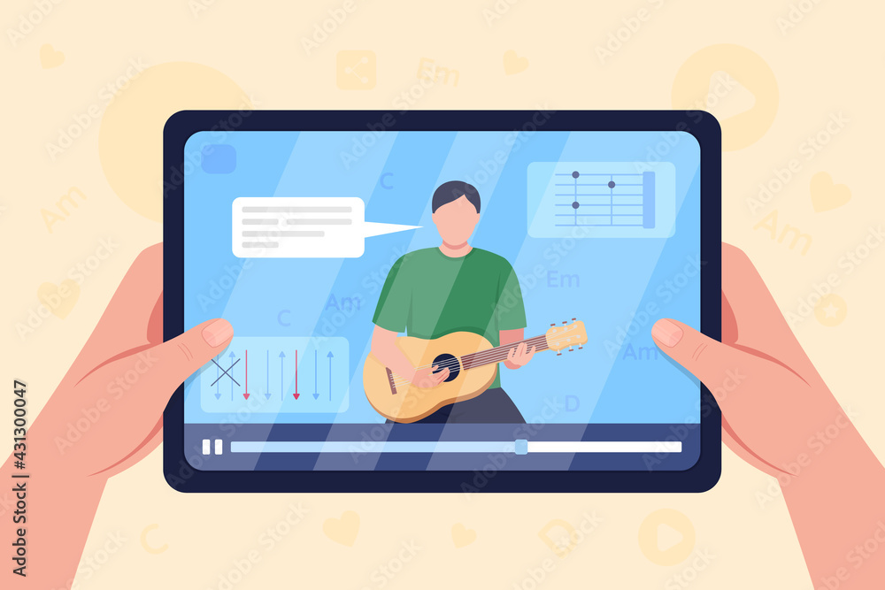 Poster hands hold tablet with video on guitar tutorial flat color vector illustration. learning how to play