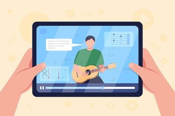 Hands hold tablet with video on guitar tutorial flat color vector illustration. Learning how to play guitar chords. Virtual class. Guitarist 2D cartoon character with screen on background