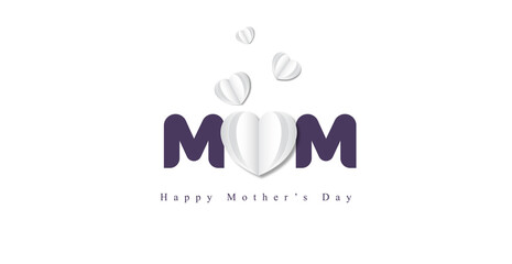 Mother's day greeting card. Vector banner with flying white paper hearts. 