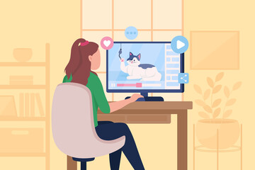 Watching funny viral cat videos flat color vector illustration. Streaming online channels for entertainment. Girl sit at computer desk 2D cartoon character with home room interior on background