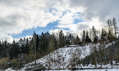 cottages in the forest on hill slope in winter