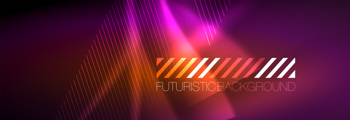 Neon glowing lines, magic energy and light motion background. Vector wallpaper template