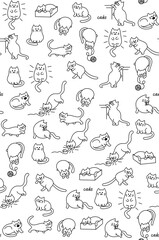 Seamless pattern with funny hand drawn cats. Animals vector illustration with adorable kittens. Tillable background for your fabric, textile design, wrapping paper or wallpaper
