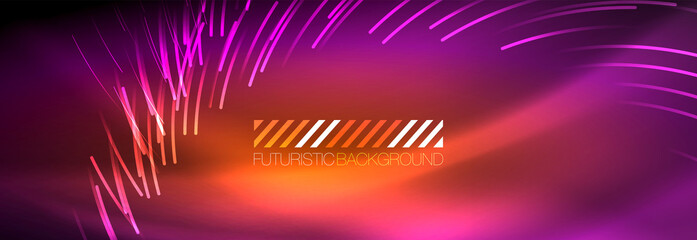 Neon glowing lines, magic energy and light motion background. Vector wallpaper template