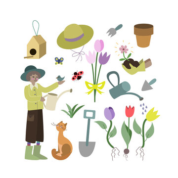 Set of gardening and planting flowers in the spring time vector illustrations