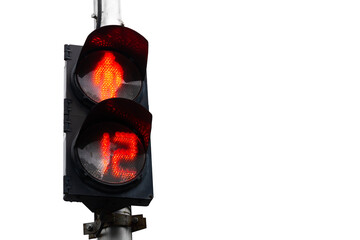 red traffic light for pedestrians with number 12 on a white background.