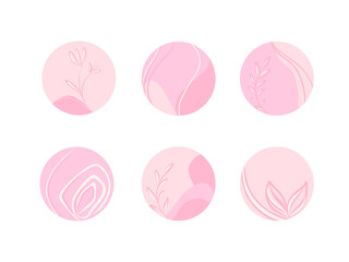 Vector pink icons set isolated on white background. Round abstract, botanical highlights collection. Social net design elements.