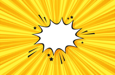 Pop art halftone background. Comic starburst pattern. Yellow cartoon banner with speech bubble, dots and beams. Vintage duotone texture. Gradient wow design. Superhero banner. Vector illustration.