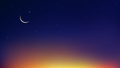 Obraz na płótnie Canvas Ramadan Sky for Islamic greeting card design background with Crescent Moon and star on colourful sunset sky background, Vector religions symbolic of Islamic or Muslim for Ramadan Kareem, Eid Mubarak