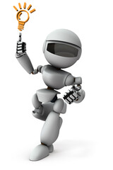 ヒントを見つけて駆け寄る人工知能のロボット。白バック。3Dレンダリング。