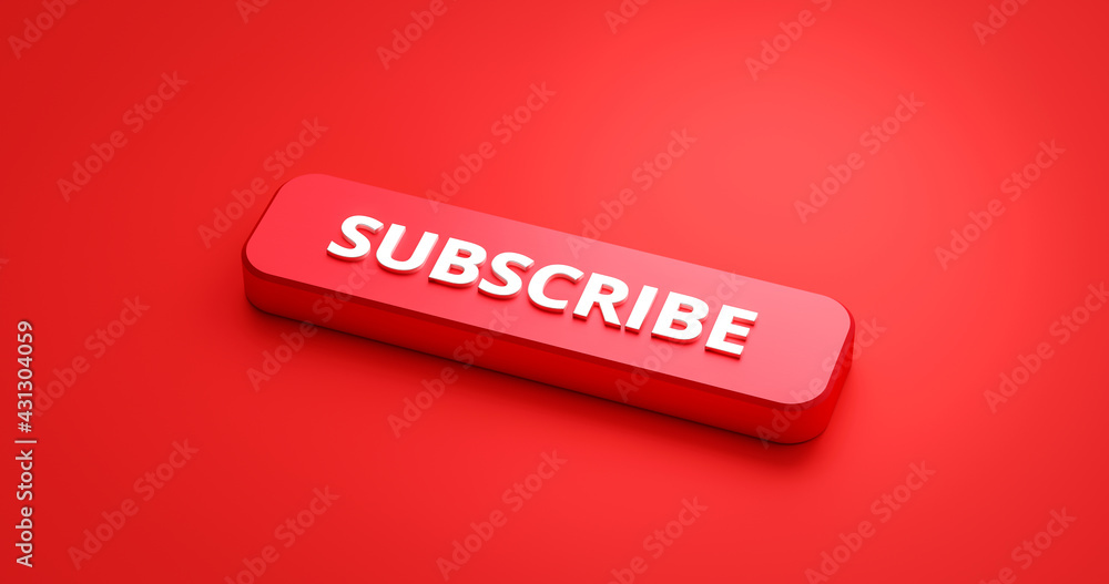 Poster subscribe button or subscription online membership on red background with notification channel. 3d r