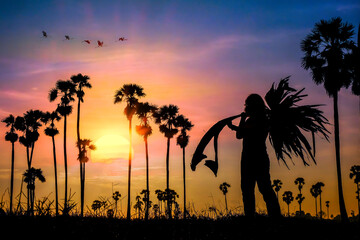 Black silhouette of people walking to collect palm leaves on a field in the sunrise, Chiang Mai. Pathumthani, Thailand
