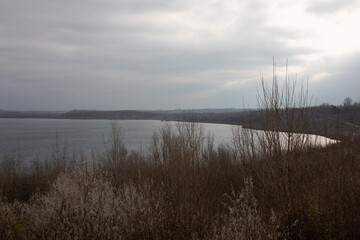 Autumn pictures of the Geiseltalsee with viticulture, originated from a former brown coal opencast mine near Merseburg and Muecheln, Germany
