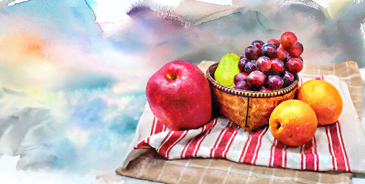 Horizontal banner, watercolor painting still life of ripe juicy apple, oranges and grapes, wheelbarrow (chinese pear) in bamboo basket decorated with red striped fabric cloth. - watercolor painting