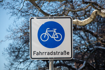 View of a traffic sign of a bicycle road with the blue bicycle lane symbol and the text bicycle road in German,Leipzig,Germany,Saxony