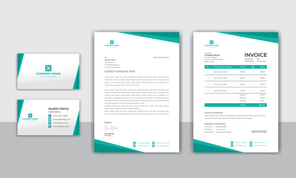 Modern stationery pack with business card, letterhead and invoice design