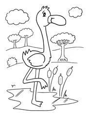 Fototapete Karikaturzeichnung flamingo bird coloring book page vector illustration art