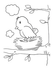 Cute Bird in Nest Coloring Book Page Vector Illustration Art