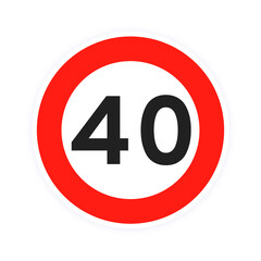 Speed limit 40 round road traffic icon sign flat style design vector illustration isolated on white background. Circle standard road sign with number 40 kmh.