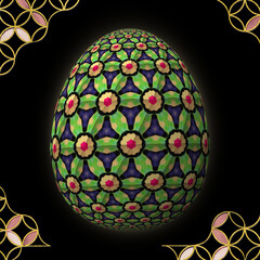 Happy Easter, Artfully designed and colorful 3D easter egg, 3D illustration on black background with frame