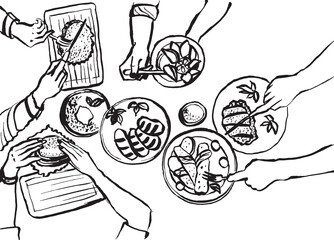 Hands with cutlery. Dining people, top view on table setting with human fork, knife, plate and tablet