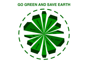 Go Green abstract 3d logo. Save the earth words. Science theme. Going green to save the planet. Earth vector. Simple vector design. Environmentally friendly. Energy efficient
