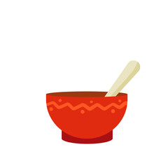 Green tea Cup. Red earthenware. Piala bowl. National ethnic Oriental drink with spoon. Flat cartoon illustration