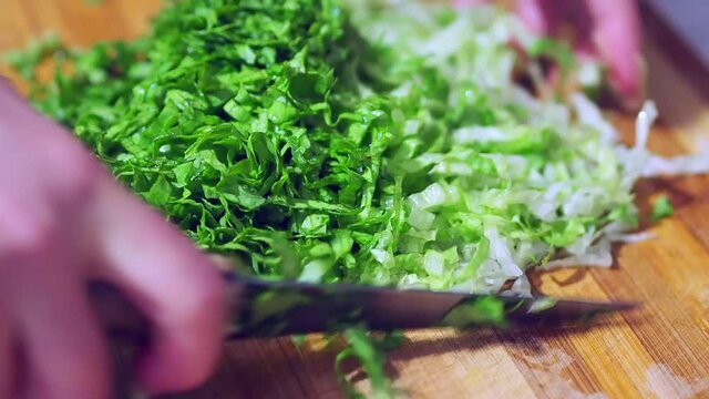 making lettuce salad for dinner, a person makes a salad,
