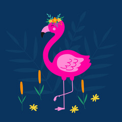 Floral pink flamingo. Flamingo bird, flowers and reeds. Vector hand-drawn color children's illustration. Baby print. Good for posters, textiles, t shirts.
