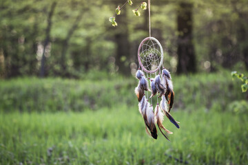 Dreamcatcher is hanging in forest. American native indigenous ritual amulet