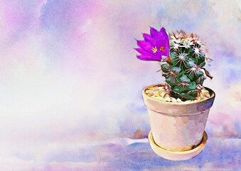 Watercolor painting - Cactus with blooming pink flower in brown pot on colorful pastel background.