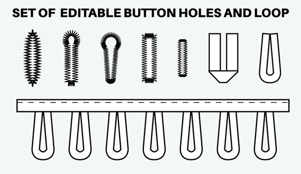 Buttonhole flat sketch vector illustration set, different types of buttonholes for stretch fabric, thick and thin fabric, button holes for pocket, denim, shirt, dresses, garments and Clothing