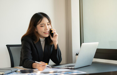 Portrait of business asian woman working in office use computer. Business owner people sme freelance online marketing ecommerce telemarketing, work from home concept