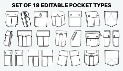 Patch pocket flat sketch vector illustration set, different types of Clothing Pockets for jeans pocket, denim, sleeve arm, cargo pants, dresses, garments, Clothing and Accessories