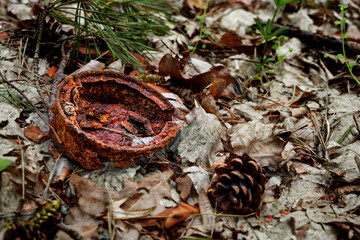 rusty tin can thrown in the woods