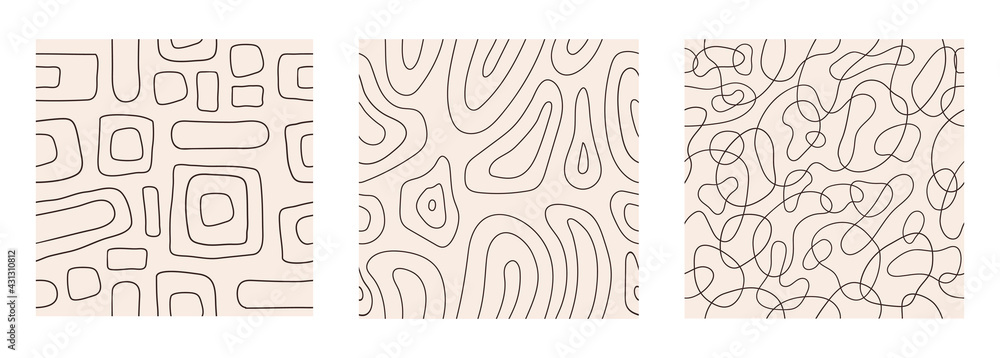 Aufkleber Stylish set abstract seamless pattern with brown geometric tangled lines on pastel background. Vector doodle design	