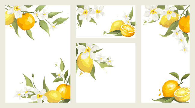 Summer card with jasmine flowers and citrus branch. Floral design elements for wedding invitation, vector illustration, label.