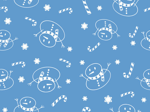 Christmas seamless patternbackground  with snowmans ,candies and snowflakes on light blue background. winter pattern with snowflakes, wrapping paper, winter greetings cute cartoon background .
