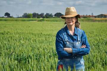 Naklejka na ściany i meble Blonde woman wearing a hat and jeans with her hands crossed and an ear of corn in her mouth in the middle of a field of organic wheat still green
