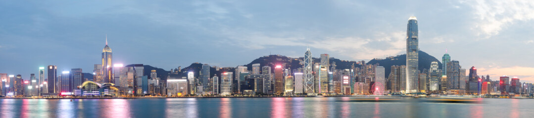 magnificent night view of skyline panorama from across Victoria Harbor, Hong Kong island, China