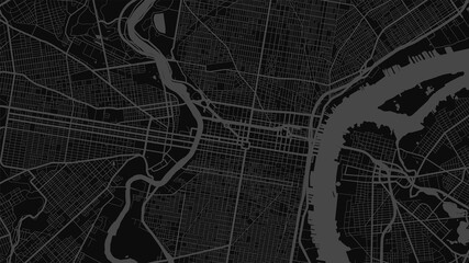 Dark grey and black Philadelphia city area vector background map, streets and water cartography illustration.