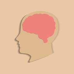 The concept of World Mental Health Day. The brain symbol and the profile of the human head are cut out of paper. Light brown background. Vector illustration