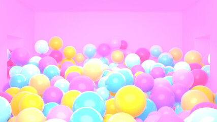Fototapeta na wymiar 3d render pink room filled with colorful balls.