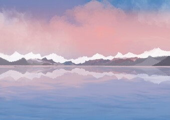 illustration The twilight of the mountains reflected on the lake.for nature or abstract backgrounds.,digital art painting.