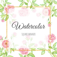 watercolor beautiful English rose flower bouquet garden with gold square banner background