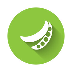 White Green peas icon isolated with long shadow. Green circle button. Vector
