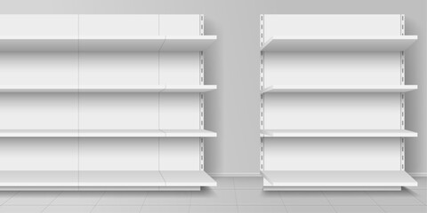 White empty store shelves. Retail shelf rack. Showcase display. Vector illustration. Realistic 3d vector illustration.
