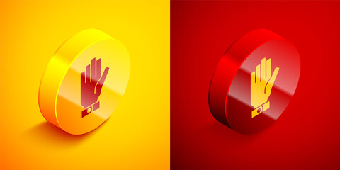 Isometric Firefighter gloves icon isolated on orange and red background. Protect gloves icon. Circle button. Vector